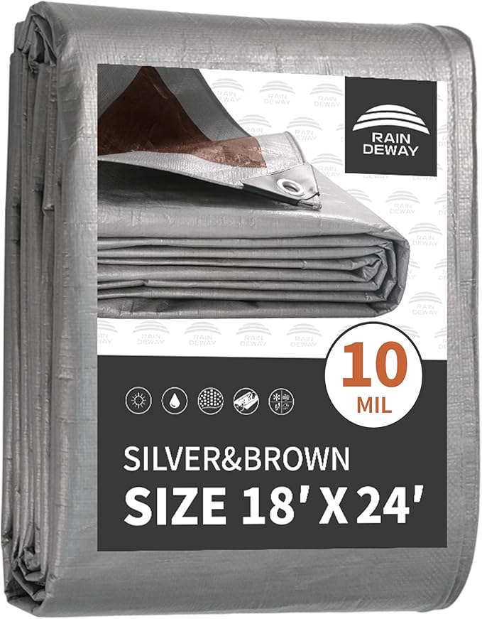 RAINDEWAY Tarps Heavy Duty Waterproof 18x24 Feet,10Mil Thick Multipurpose Large Tarp Cover with Metal Grommets and Reinforced Edges,Silver/Brown Tarp