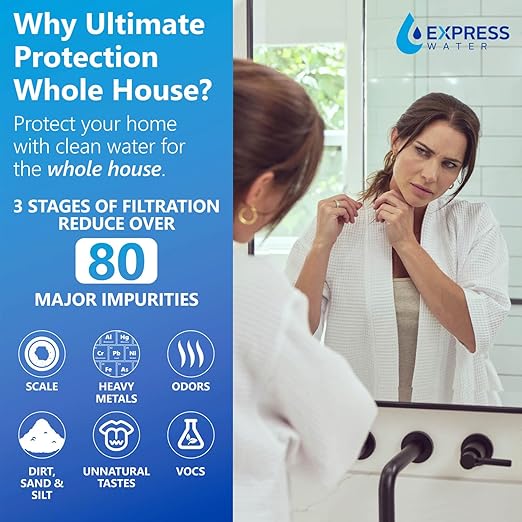 Express Water Whole House Water Filter System | ULTIMATE PROTECTION | 3 Stage Home Filtration, Top Tier Heavy Metal + Anti-Scale Filter, Highly Reduces Scale, Chloramine, Chlorine, PFAs, Lead, Arsenic