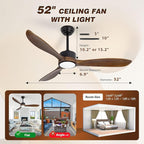 52inch Brown Wood Ceiling Fan with Light and Remote, Silent DC Motor,6 Speed Levels, Dimmable Lights, 3 Blade Modern Ceiling Fans for Living Room Bedroom Farmhouse Patio,Indoor Outdoor Ceiling Fans