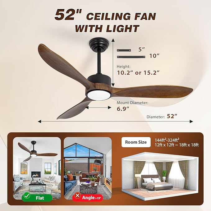 52inch Brown Wood Ceiling Fan with Light and Remote, Silent DC Motor,6 Speed Levels, Dimmable Lights, 3 Blade Modern Ceiling Fans for Living Room Bedroom Farmhouse Patio,Indoor Outdoor Ceiling Fans