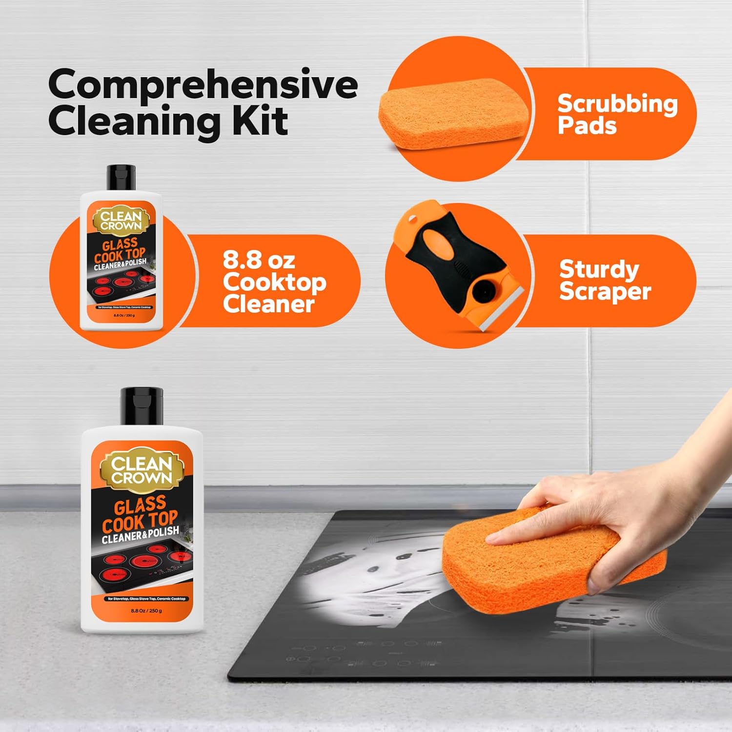 3-in-1 Cooktop Cleaner Kit (8.8 Oz Cooktop Cleaner + Scrubbing Pad + Scraper), Stovetop Cleaner for Electric Top Stoves, Ceramic Cooktops & Fireplace Glass, Remove Burned on Food, Grease