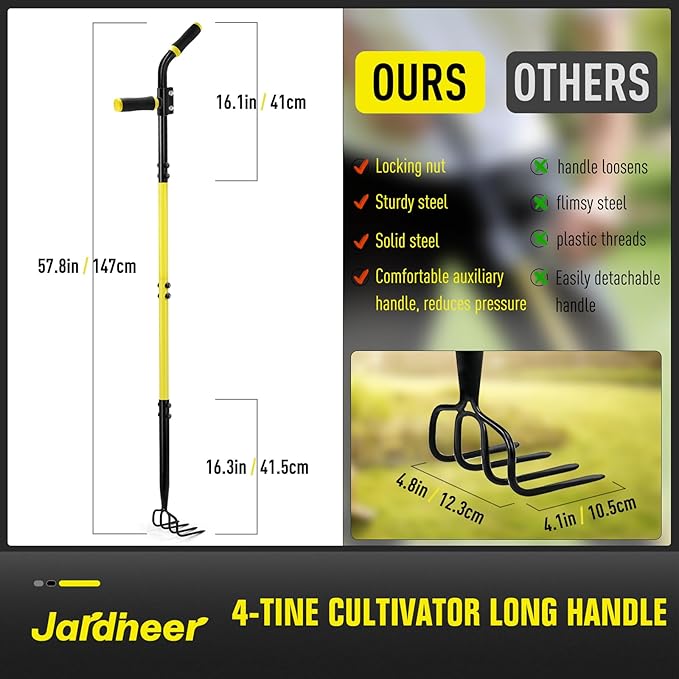 Jardineer 4-Tine Cultivator Rake with Auxiliary Handle, Garden Cultivator Long Handle, Hand Tiller Tool for Gardening Digging Loosening Weeding