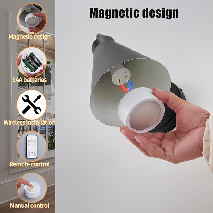 Vintage Cordless Gooseneck Battery Operated Wall Sconces Set of 2, Black Bedside Battery Powered Wall Decor Lamps with Remote Control, Wireless Indoor LED Lights Fixture for Hallway Bedroom