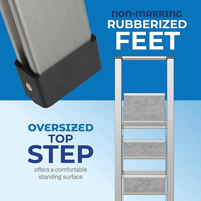 Step Ladder 4 Step Folding, Decorative - Beautiful Gray Wood & Silver Aluminum, Ultra Slim Profile, Anti Slip Steps, Sturdy-Portable for Home, Office, Kitchen, Photography Use,by SORFEY