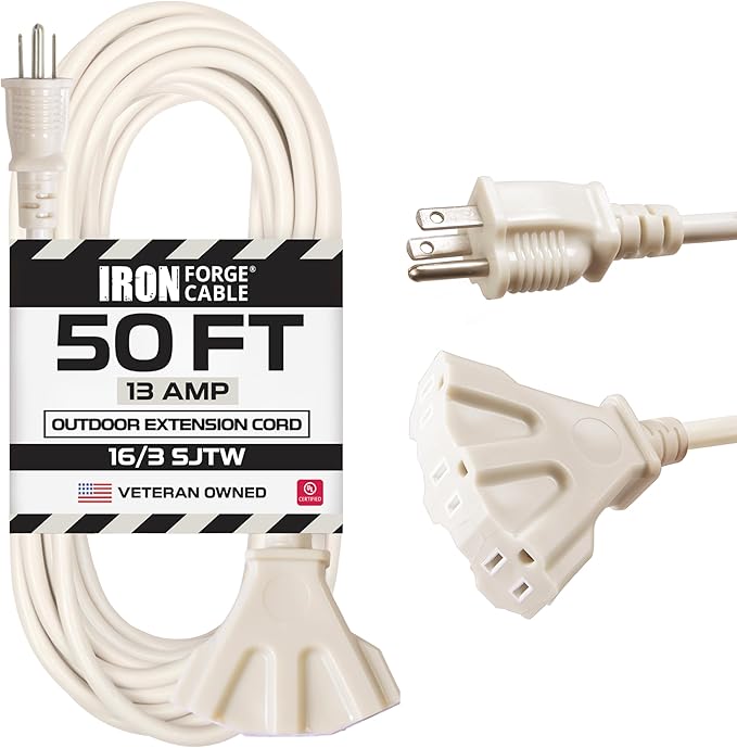 Iron Forge Cable Weatherproof 50 Ft Outdoor Extension Cord with 3 Outlets - 16/3 SJTW Heavy Duty Beige Extension Cord 3 Prong - 13 Amp Power Cable
