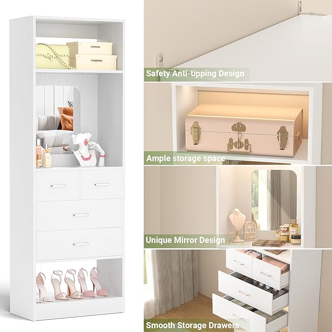 Unikito 25" Closet System with Drawers, 2FT Freestanding Closets Organizer with Storage Shelves and Mirror, Sturdy Walk in Closet Tower for Bedroom, Mudroom and Entryway, 25" W x 16" D x 80" H, White