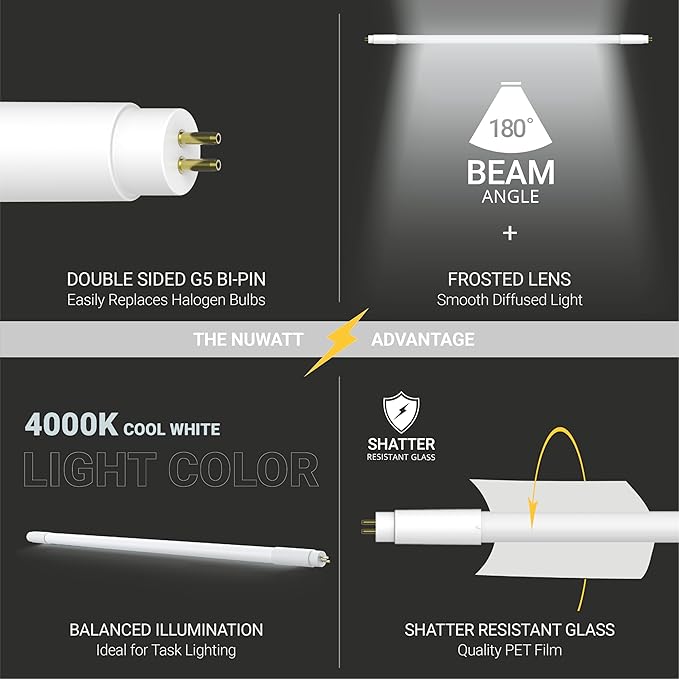 NUWATT 30 Pack, 4FT T5 LED Tube Lights, Type A&B, Hybrid T5 Bulbs 4000K Cool White, High Output 3200LM, 24W, Plug & Play or Ballast Bypass, Dual-Ended Power, Fluorescent Tube Replacement, UL, G5 Base