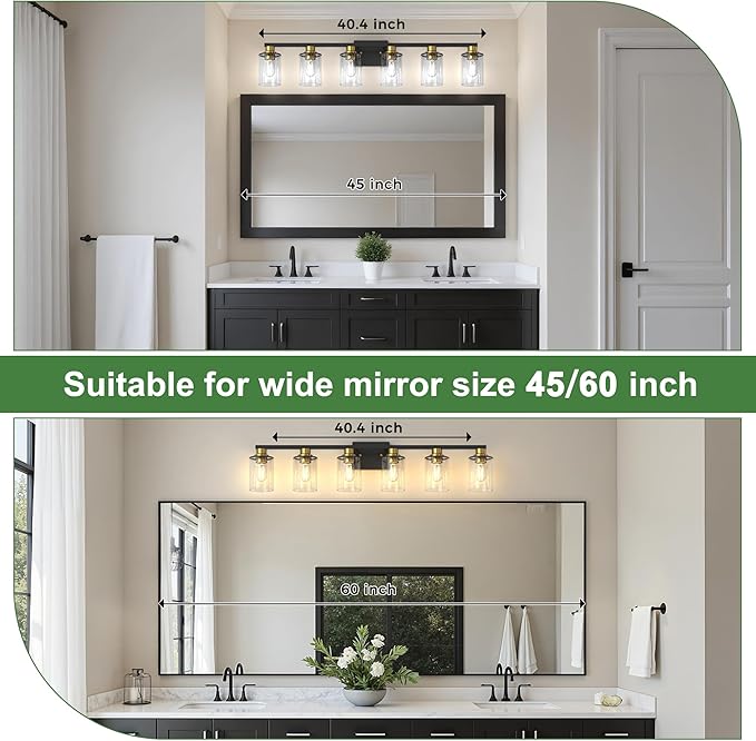 DORESshop Bathroom Light Fixtures, 6-Light Gold and Black Bathroom Lighting Fixtures Over Mirror with Clear Glass Shade, Vanity Lights for Hallway Living Room Bedroom