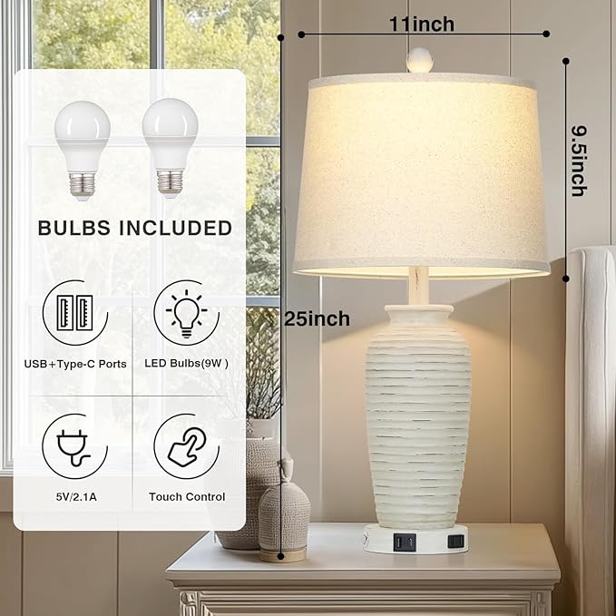 25" Retro White Farmhouse Jar Table Lamps for Living Room, 3 Way Touch Control Rustic Bedside Lamps with USB A+C Ports & AC Outlet, Pot Nightstand Lamps for Bedroom (LED Bulbs Included)