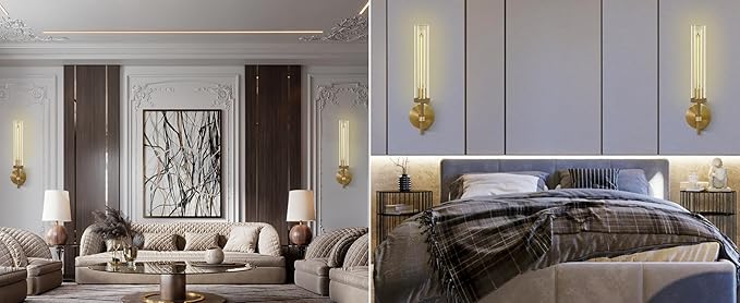 Brass Sconces Wall Lighting, 19" Tube Glass Gold Sconces, Bathroom Wall Sconces Lighting Vanity Lights Wall Lights for Living Room, Hallway, Fireplace, Staircase