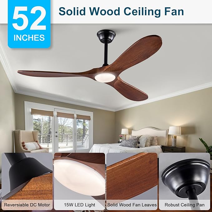 52 Inch Ceiling Fans with Lights and Remote, Wood Ceiling Fan with Light,3 Blade,6 Speed DC Motor Outdoor indoor for Patio,Living Room,Bedroom