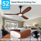 52 Inch Ceiling Fans with Lights and Remote, Wood Ceiling Fan with Light,3 Blade,6 Speed DC Motor Outdoor indoor for Patio,Living Room,Bedroom