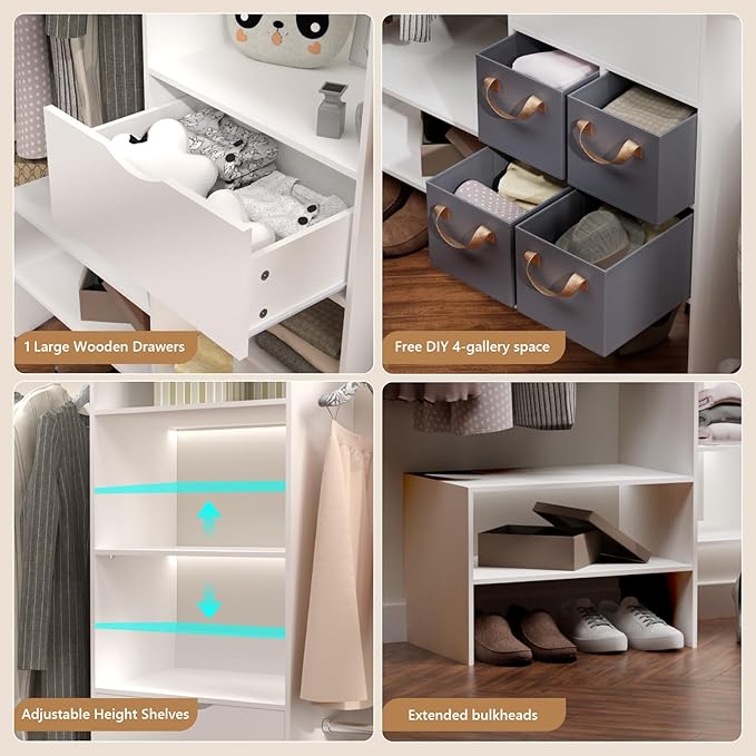 Wood Closet Organizer System, Closet Organizer with 3 Hanging Rods & 1 Wooden Drawer – Adjustable Closet System for Walk-In Closets, Wood Shelves, Fits Spaces 3-8ft, Pure White