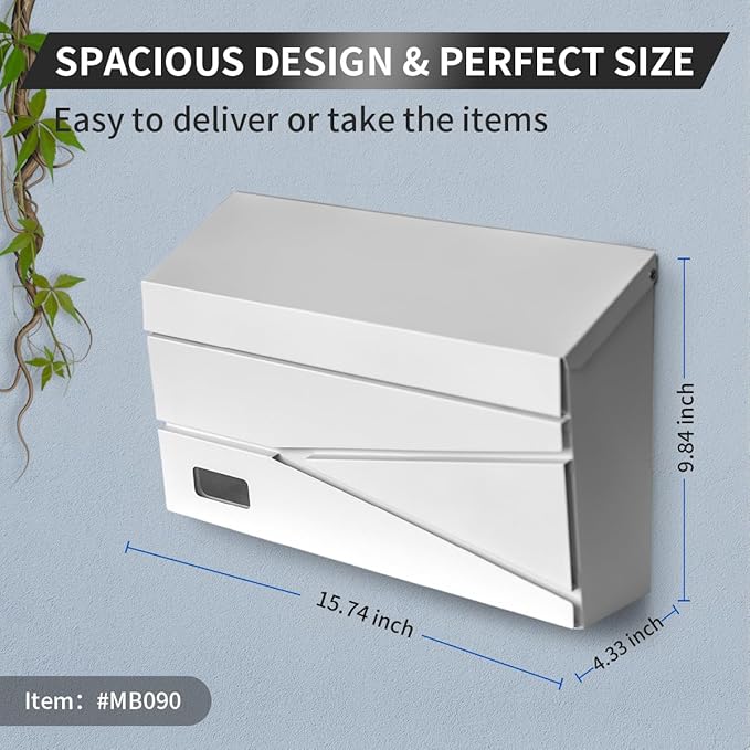 Wall Mount Mailbox, Large Capacity Mailbox for House, Visibility Galvanized Steel Rust-Proof Metal Post Box Drop, Mailboxes for Outside, 15.74"×9.84"×4.33" Solar Lanterns White