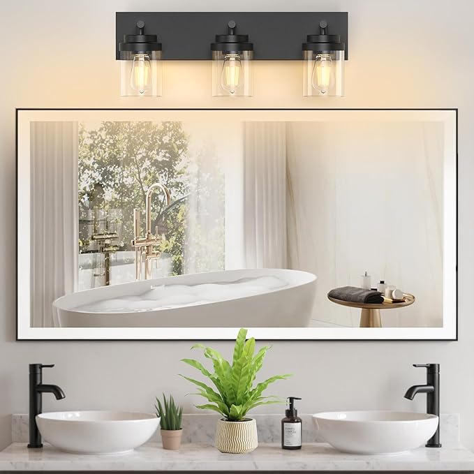 Bathroom Vanity Light Fixture with Clear Glass Shade, 3-Light Matte Black Bathroom Light Fixtures Over Mirror, Modern Vanity Lighting Fixtures for Bathroom/Living Room/Bedroom, E26 lamp Holder