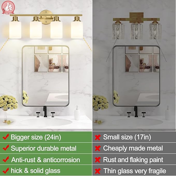 4-Light Bathroom Light Fixtures, Brushed Gold Modern Vanity Lights with Milky White Frosted Glass Shades, Bathroom Wall Lamp for Mirror Kitchen Living Room