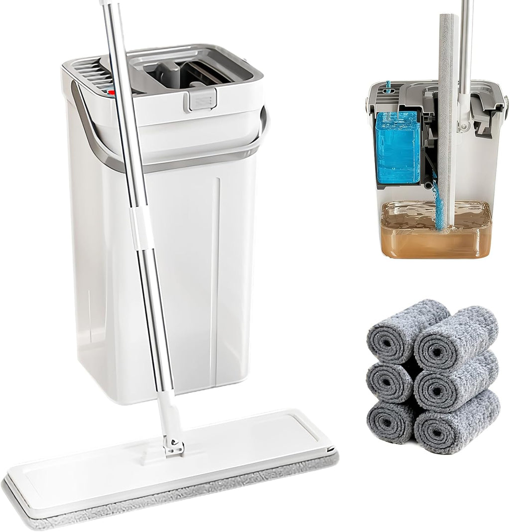 Mop and Bucket Set, Flat Mop and Bucket System with Wringer, Automatic Separates Dirty and Clean Water Include 6 Reusable Microfiber Mops for Floor Cleaning