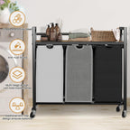 Laundry Hamper, Laundry Basket, Laundry Sorter with 3 Removable Bags, Clothes Basket with 3 Compartments, Wheels, Shelf for Laundry Room Bathroom Bedroom (3 Bags-Black Grey White)