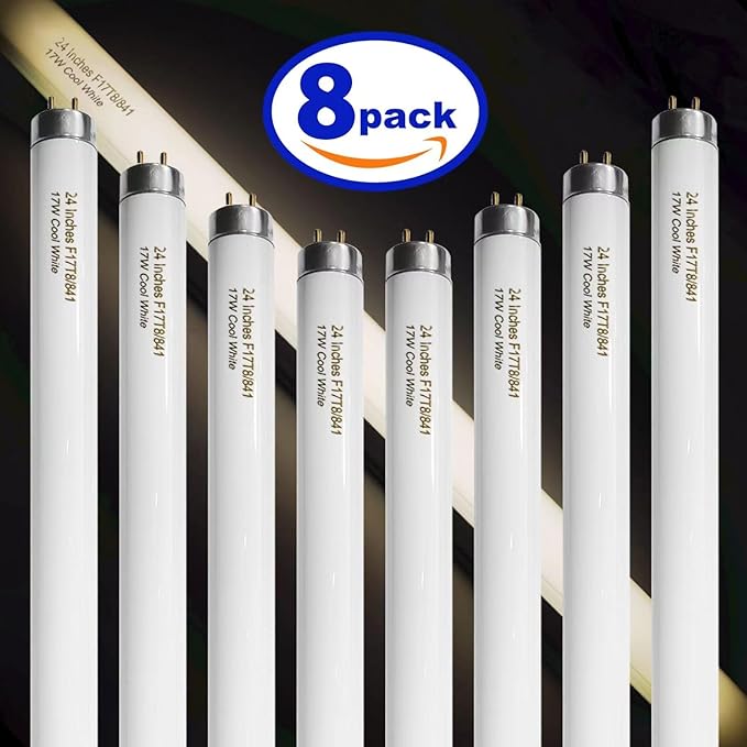8 Pack 24 inch F17T8/841 17 Watts Light Bulb, 2 Foot Straight Fluorescent Tube T8 Tube Light, 4100K Cool White 1400 Lumen G13 Medium Bi-Pin Cap 8 Count