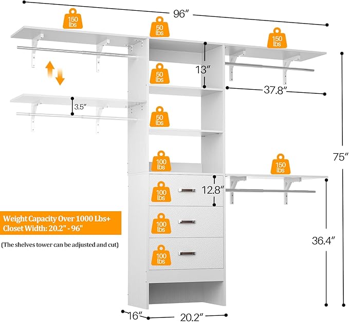Closet System with Drawer - 8FT Wood Closet Organizer System with 3 Hanging Rods and Shelving Tower, 96" Walk In Closet Organizer Wardrobe, Heavy Duty Garment Rack Clothes Rack, White