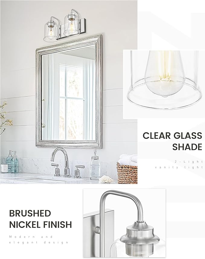 zeyu 12.5 Inch Modern Bathroom Vanity Light Fixtures, 2-Light Wall Mirror Light for Bathroom, Brushed Nickel Wall Sconces with Clear Glass Shade, ZSL72B-2W BN