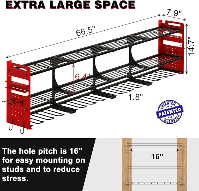 64" Power Tool Organizer Wall Mount, 16 Slots, 3-Tier Drill & Cordless Tool Storage Holder with Pegboard Sides, Tool Wall Organizer for Garage & Workshop Red