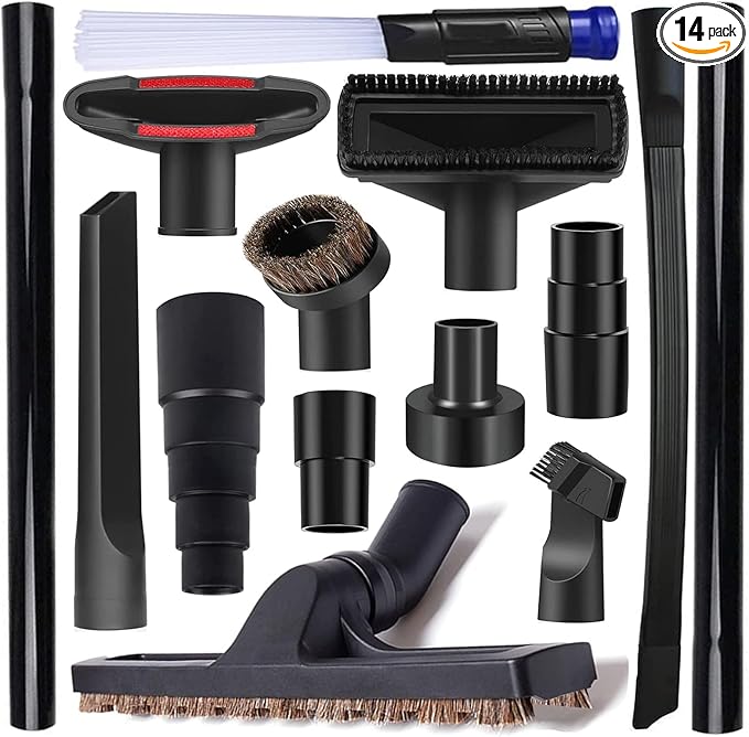 14Pcs Universal Vacuum Attachment Professional Shop Vac Accessories Wet Dry Vacuum Hose Adapter with Hair Brush Extension Wand Flexible Crevice Tool fit 2 1/2" to 1 1/4" and 1 7/8" to 1" Vacuum Hose