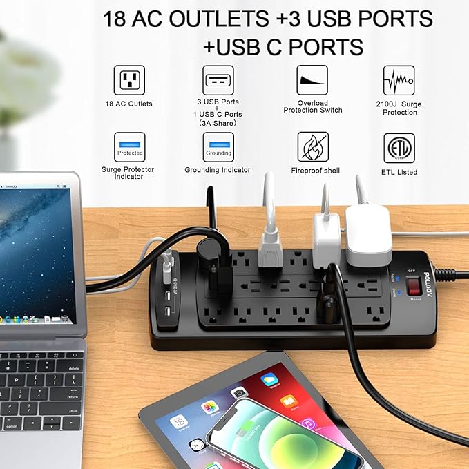 18 Outlets Surge Protector Power Strip - 20 Feet Flat Plug Heavy Duty Extension Cord with 18 Widely Outlets and 4 USB Ports, 2100 Joules, Black, ETL Listed