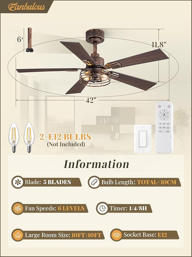 1 Pack Farmhouse 42 Inch Ceiling Fans with Lights, Industrial Caged Ceiling Fans for Bedroom Living Room, Double-Sided 5 Blades Rustic Ceiling Fan-Black Gold