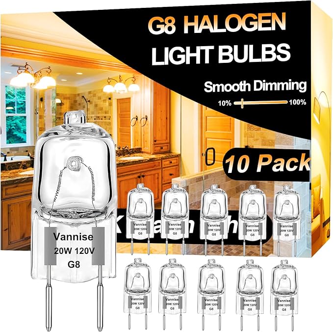 G8 Halogen Bulb 20W Warm White- 10 Pack Long Lasting G8 Bulb 120V 20W, Halogen Bulbs 2 Pin G8 Dimmable for Under Cabinet Puck Lighting Replacements, G 8 Light Bulb with G 8 Base