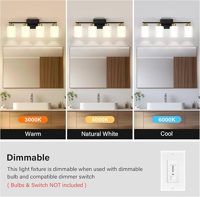 Black and Gold Bathroom Light Fixtures, 4-Light Modern Vanity Light Over Mirror, Wall Sconces with Milky White Frosted Glass Shades, E26 Socket (Bulbs Not Included)