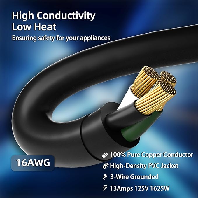 6 FT Outdoor Extension Cord Waterproof, Black, 3-Prong Power Cord, 16 AWG SJTW, 13A 1625W, Grounded, General Purpose Long Extension Cord for Lawn & Garden, ETL Listed
