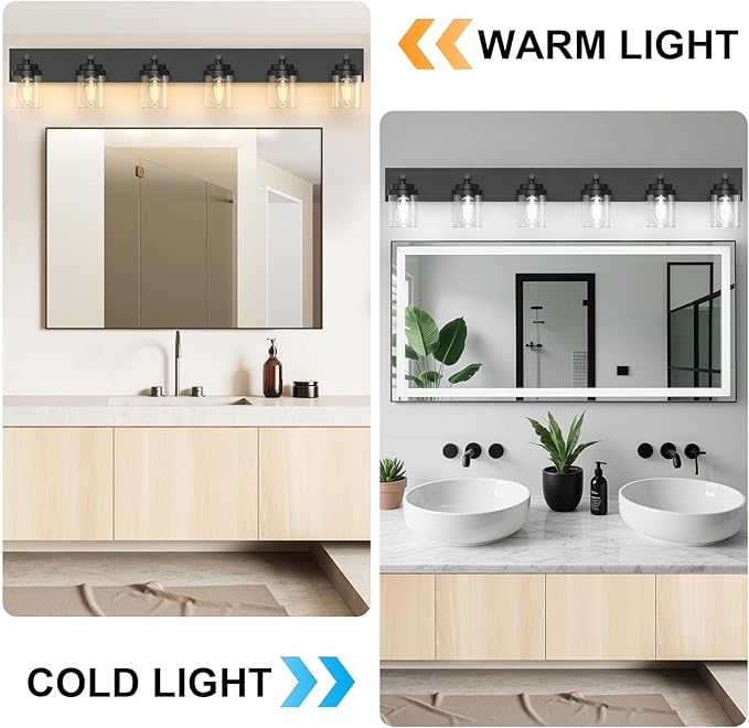IZORRO Bathroom Vanity Light Fixture, 6-Light 43 Inch Matte Black Bathroom Light Fixtures Over Mirror, with Clear Glass Shade, Modern Farmhouse Vanity Lights, Rustic Restroom Lighting Fixtures