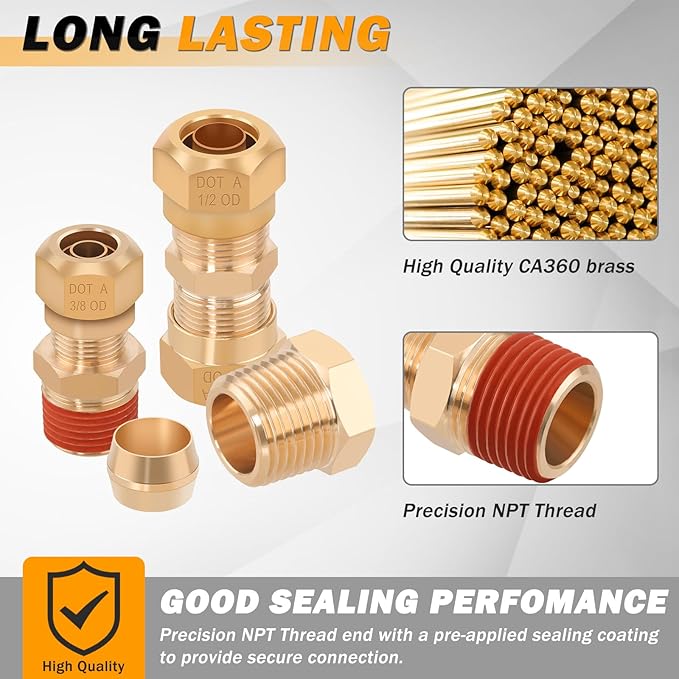 135 Pcs DOT Air Brake Line Fittings, 1/4" 3/8" 1/2" Brass DOT Compression Air Nylon Tubing Fittings Connectors Assortment For Trucks or Industrial Use