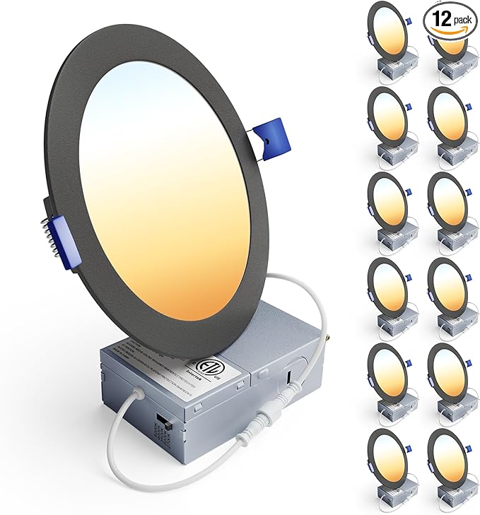 Ensenior 12 Pack 6 Inch LED Recessed Ceiling Light Black, Dimmable, 2700K-5000K 5CCT, 1200LM 12W 120V, High Brightness Canless Wafer Downlight - ETL&FCC&IC
