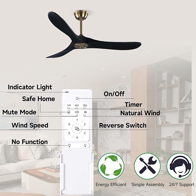 52" 3 Blade Ceiling Fan Without Light, Farmhouse Rustic Wooden Flush Mount Ceiling Fan no Light with Remote for Indoor/Outdoor - High End Silent Operation, Black & Gold, 52 Inch