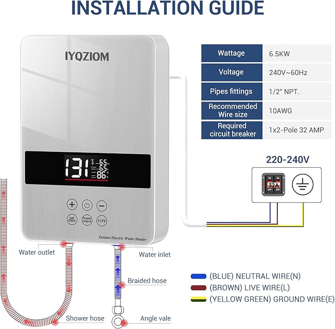 Tankless Water Heater 6.5KW 240V,Instant Electric Water Heater Self Modulating Technology,Overheating Protection,Electric Hot Water Heaters for Sink.