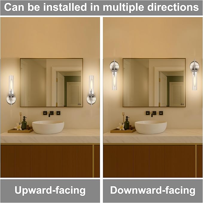 Brushed Nickel Bathroom Vanity Light, Wall Sconces Set of 2 with Knurled Texture, Chrome Silver Wall Lamps with Clear Glass Shade, Modern Industrial Bathroom Lighting Fixtures Over Mirror