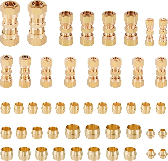 48 PCS DOT Brass Compression Air Brake Nylon Tubing Fittings,1/4" 1/8" 3/8" 1/2" 5/16" OD Straight Union Fitting Assortment Kit, DOT Air Line Fittings for Truck or Industrial Air System