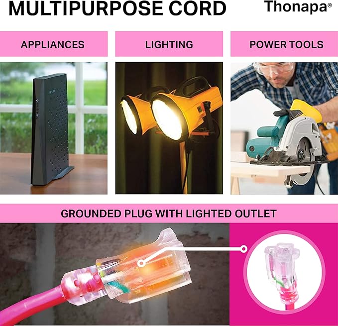 25 Ft Outdoor Extension Cord with 3 Prong, 16/3 SJTW Neon Pink Extension Cord 25ft, 13 AMP for Indoor or Outdoor Use, Small Appliances, Gardens, Lawn, Lights Decor - UL Listed