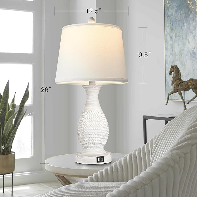 PARTPHONER Set of 2 Table Lamps with USB C+A Fast Charging Ports, 26" Tall Farmhouse Living Room Lamp with 3-Way Dimmable Nightstand Lamp White Fabric Shade for Living Room Bedroom Home Office