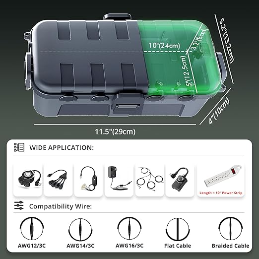 QUOBAS Outdoor Waterproof Electrical Box with 6 Cable Ports, IP54 Weatherproof Heavy-Duty Extension Cord Cover for Power Strips, Garden Power Tools, Holiday Lights, Gray