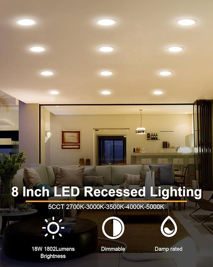 ZYC 8 Inch Recessed Lighting - 18W 1802LM Black Recessed Lighting,Dimmable 5CCT 2700K/3000K/3500K/4000K/5000K Selectable,IC Rated,Ultra-Thin Dimmable Canless Wafer Downlight Pack of 6 White.