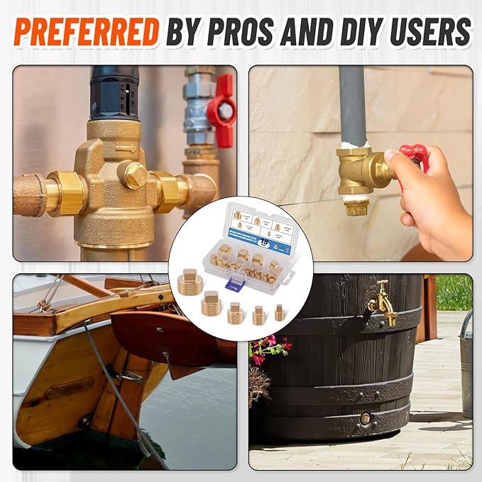 18PCS Brass Pipe Fitting,1/8" 1/4" 3/8" 1/2" 3/4" NPT Male Square Head Plug Brass Cored Plugs Fittings for Boat,Gas,Drain Plug
