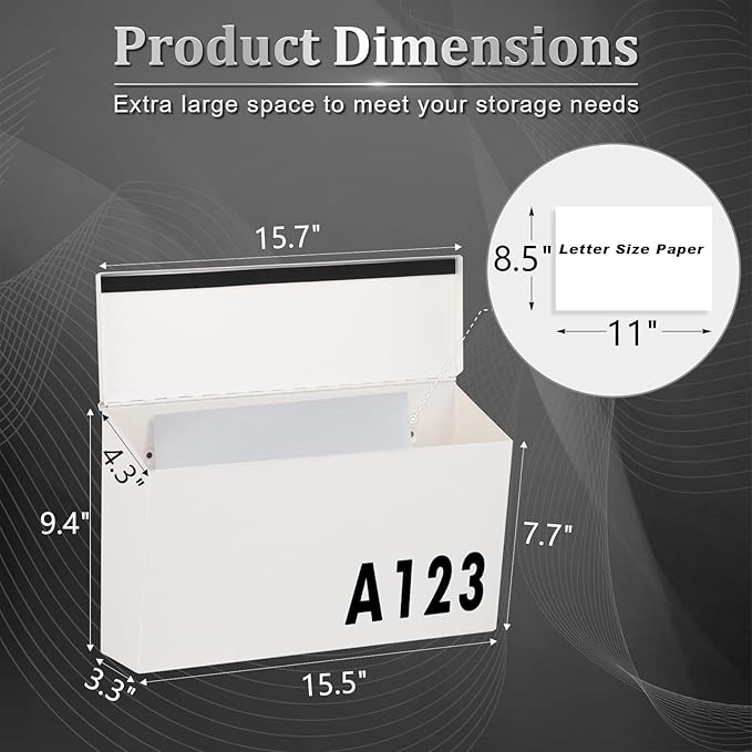 Dalmbox Wall-Mount Mailbox Large Mailbox for Post Rust-Proof Galvanized Steel Box for Outside or Townhouse Horizontal Style, White, 15.7” x 4.3” x 9.4”