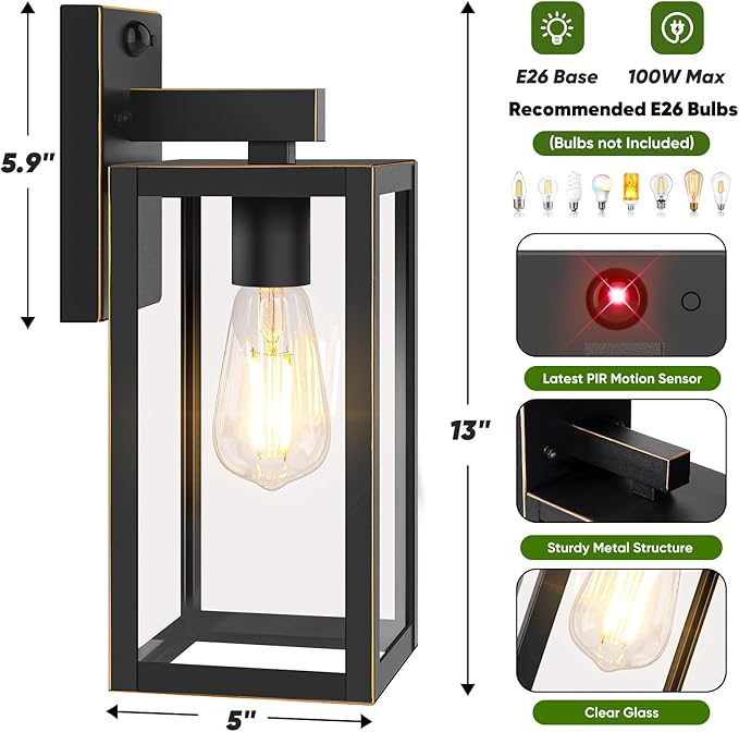 2-Pack Upgraded Motion Sensor Outdoor Wall Lights, Dusk to Dawn Porch Lights Outdoor Wall Sconce Lantern, 3 Lighting Modes Exterior Lighting Fixtures, Bronze Outside Lights for House Front Door Garage