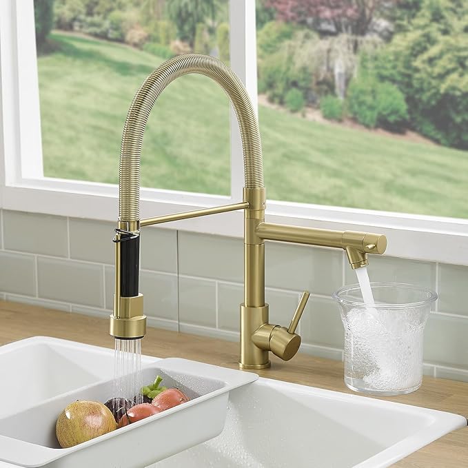 Fapully Commercial Pull Down Kitchen Faucets with Sprayer,Single Handle Spring Brushed Gold Kitchen Sink Faucet