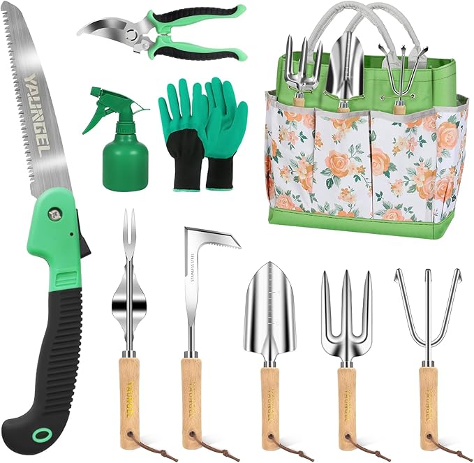 Gardening Tool Set for Women - 10 Piece Heavy Duty Stainless Steel Garden Tools Kit with Ergonomic Non-Slip Handle and Stylish Storage Tote Bag, Ideal Gardening Gifts for Mom, Grandma, Gardeners