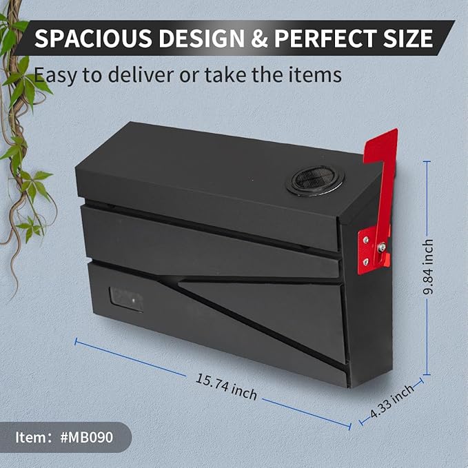 Wall Mount Mailbox, Large Capacity Mailbox for House, with Flag, Visibility Galvanized Steel Rust-Proof Metal Post Drop Box, Mailboxes for Outside, 15.74"×9.84"×4.33" Solar Lanterns Black