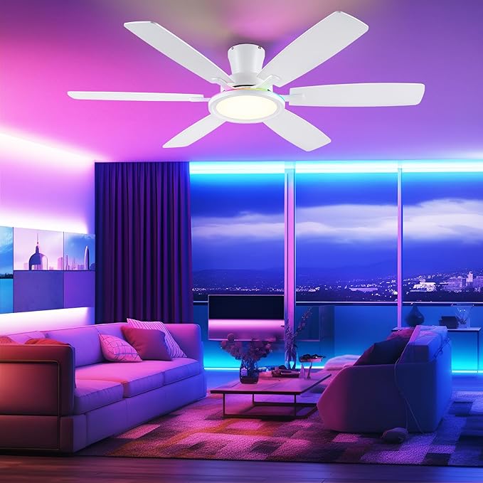 55In Flush Mount Ceiling Fan with RGB Light - White Modern Ceiling Fan with 6 Dual-Sided Blades, Reversible DC Motor, Low Profile Fan Light Fixture for Indoor Bedroom, Outdoor Patios